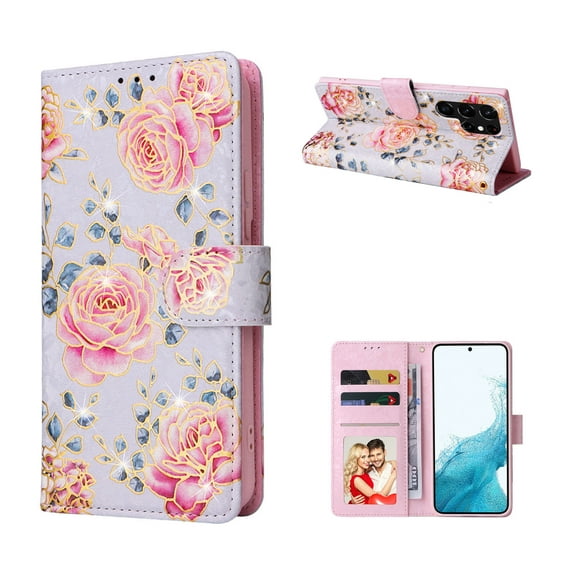 Tarise Phone Case for Galaxy S23 Ultra 5G, for Samsung S23 Ultra Wallet Case, PU Leather [RFID Blocking][Wrist Strap][Kickstand] Magnetic Shockproof Cover for Samsung Galaxy S23 Ultra 5G, Pink Rose