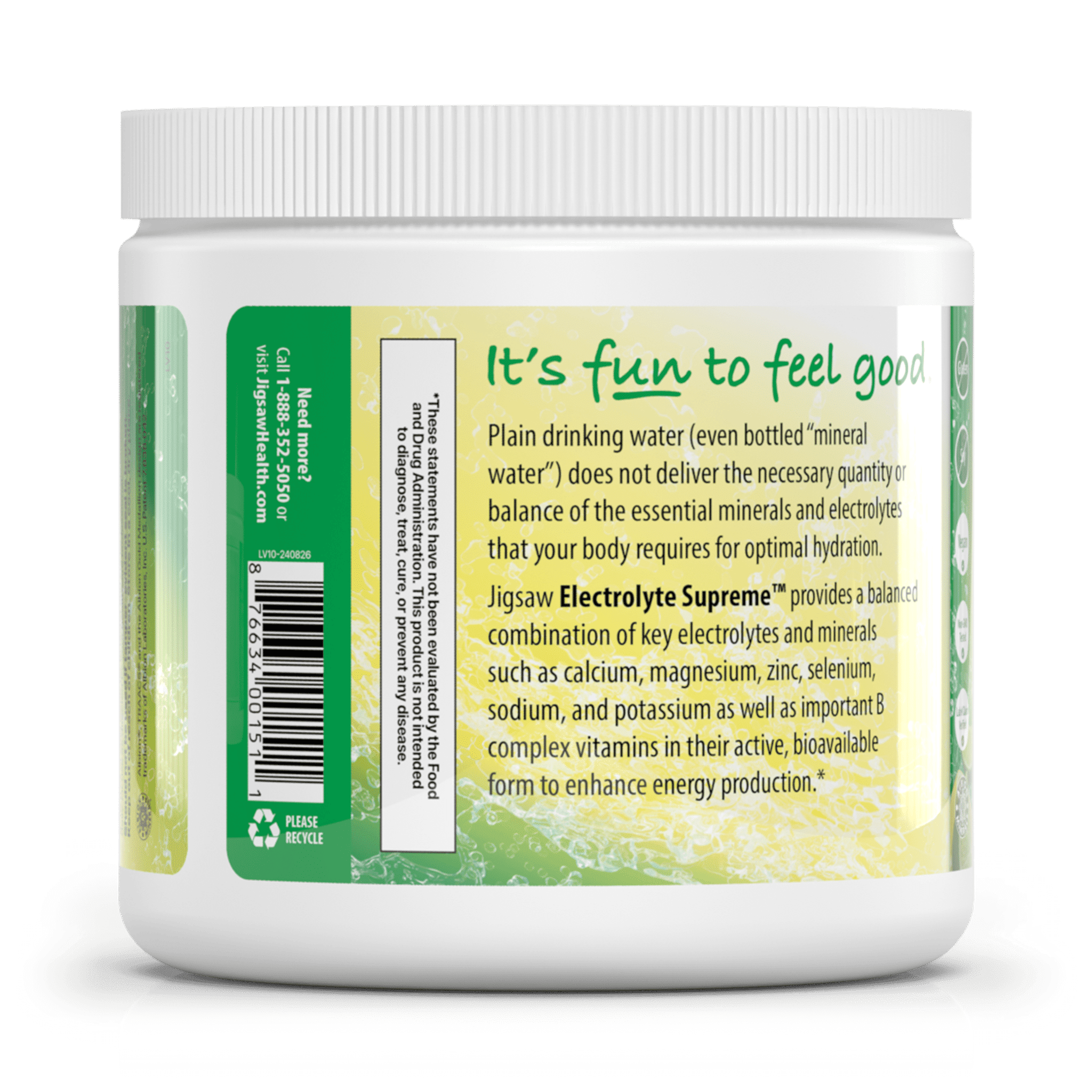 Jigsaw Health - Electrolyte Supreme - Great Lemon-lime Flavor - Broad Spectrum of Electrolytes + trace minerals - 60 Servings (Lemon Lime, Jar)