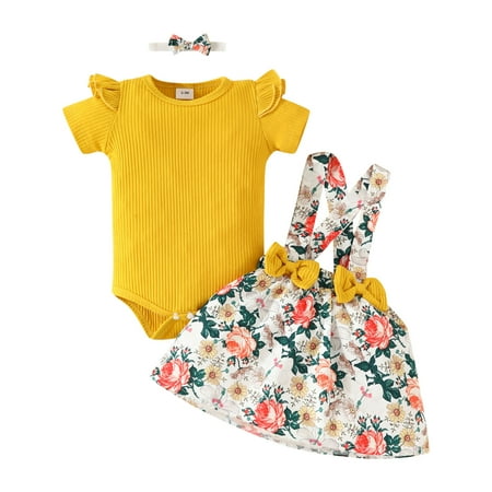 

Girls 5 New Born Girl Outfits for Pics Girls Short Sleeve Ribbed Romper Bodysuit Floral Prints Suspenders Skirts Headbands Outfits