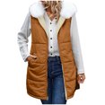 thumbnail image 2 of Long Puffer Vests for Women Outerwear Fleece Fall Winter Warm Sleeveless Zip up Detachable Hat Collar Coat with Pockets New Brown XXL, 2 of 9