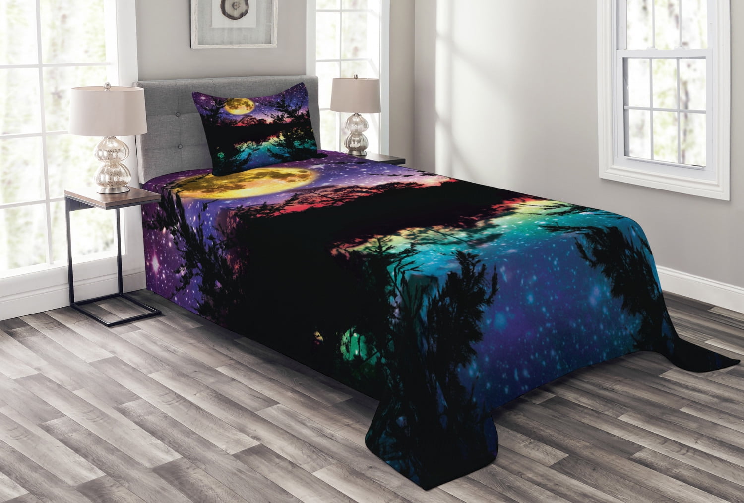 Purple Bedspread Set Twin Size, Lake Moonlight Stars in Night Sky with