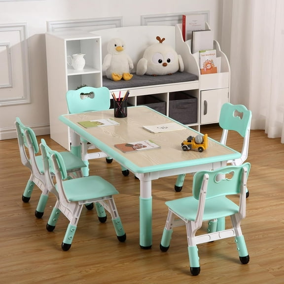 Height-Adjustable Children's Activity Table with 6 Seats | Ergonomic 2-10 Yrs Arts & Crafts Desk, Wipe-Clean Graffiti Top, Anti-Tip Legs (Supports 300lbs) - Perfect for Home, School & Preschool