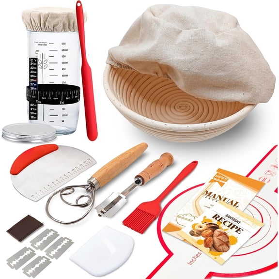 Sourdough Starter Kit, Banneton Bread Proofing Basket with Glass Sourdough Starter Jar, Sourdough Bread Baking Supplies for Bread Making Baking Fermentation