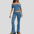 thumbnail image 2 of 2 Piece Flare Pants Set for Women Going Out Off Shoulder Top and Bell Bottom Leggings Slim Fit Sports Yoga Outfits (X-Large, Blue #1|Short-sleeve), 2 of 7