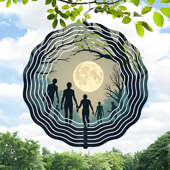 3D Metal Hanging Wind Spinners - Concentric Layered Design with Silhouetted Figures & Full Moon - Perfect for Tranquil Yard & Garden Decor
