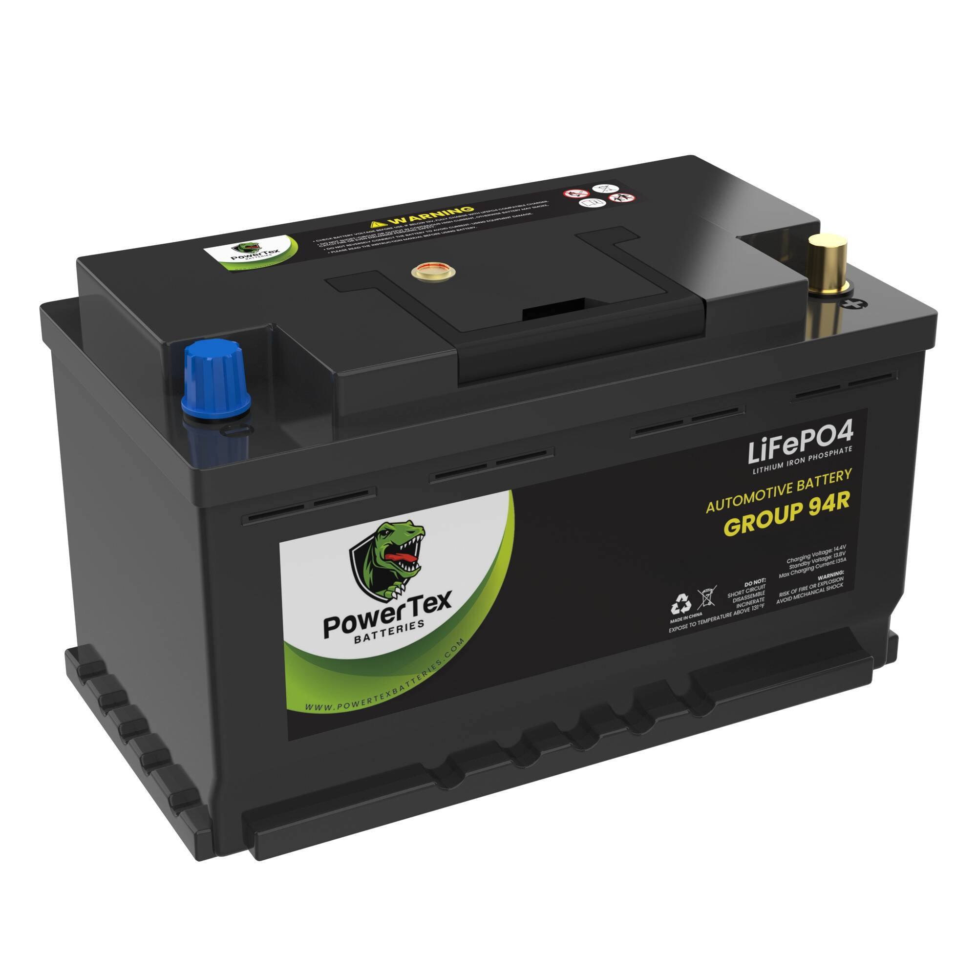 PowerTex Lithium Car Battery BCI Group 94R / H7 LiFePO4 Lithium Iron Phosphate Automotive Batteries - 60Ah | 1500CA | Internal Jump-Start | Cutting Edge BMS | Bluetooth
