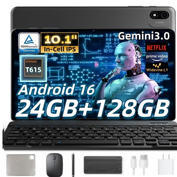 Android Tablet, 10 inch Tablet, Gemini Al 3.0 Android Tablets, 2 in 1 Tablet with Keyboard, 128gb ROM 24(4 20)gb RAM  2TB Expand, Octa-Core Processor,,Bluetooth,Gps,Gray