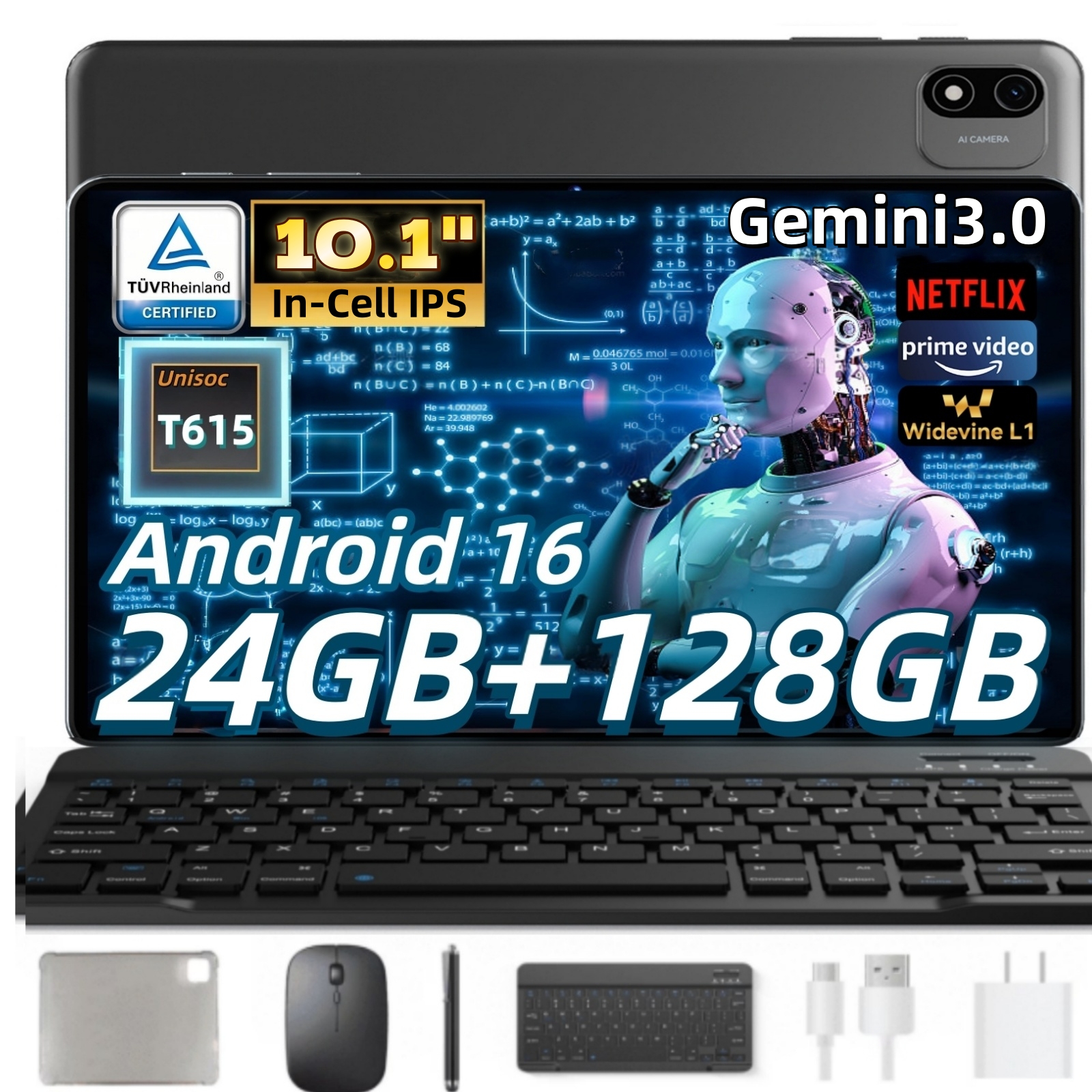 Android Tablet, 10 inch Tablet, Gemini Al 3.0 Android Tablets, 2 in 1 Tablet with Keyboard, 128gb ROM+24(4+20)gb RAM+ 2TB Expand, Octa-Core Processor,,Bluetooth,Gps,Gray