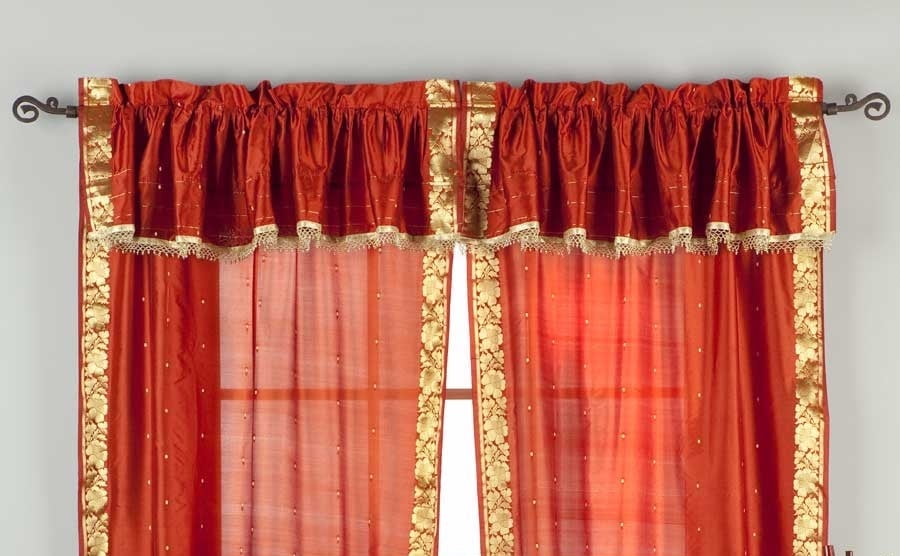2 Panels 2 Tiebacks-Gypsy Rod Pocket Curtains w/ Beaded Valance Rust 80W 96L
