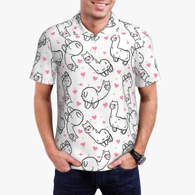 Fotbe Alpacas and Hearts Camiseta Polo de Golf para Hombre con Estampado – Camisa Deportiva Transpirable con Cuello Abotonado-XX-Large