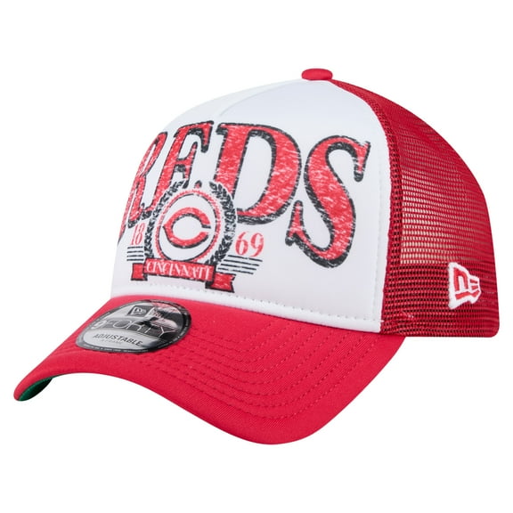 Men's New Era White/Red Cincinnati Reds Distressed 9FORTY A-Frame Adjustable Trucker Hat