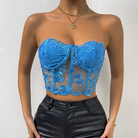 

OVTICZA Womens Stretchy Strapless Bandeau Seamless Embroidered Comfy Tube Top Embroidered Strapless Bralette Bra Blue M