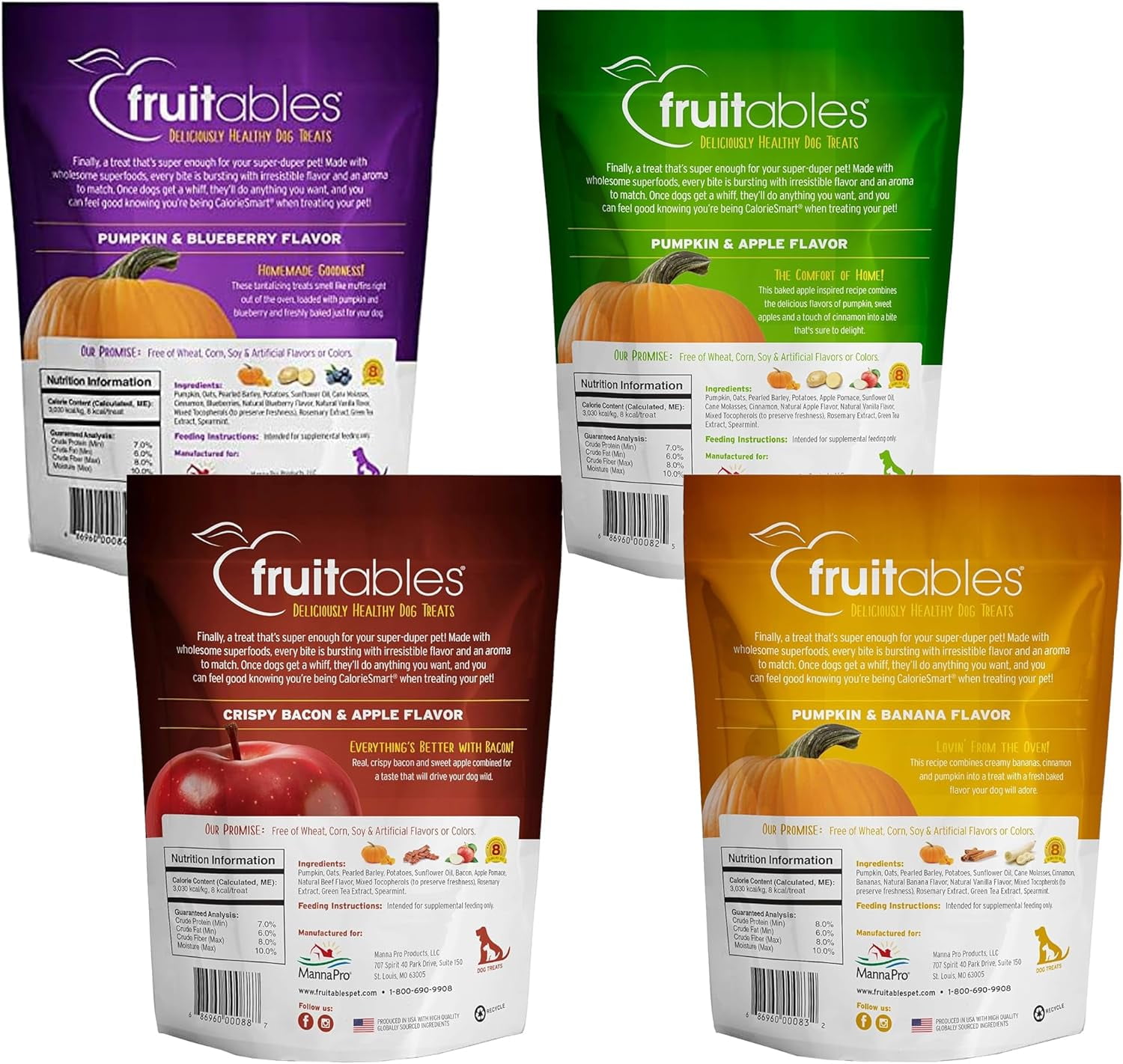 Fruitables Baked Dog Treats, Pumpkin & Fruit Flavors, Low Calorie, Wheat Free, 12 oz, Variety Pack of 8