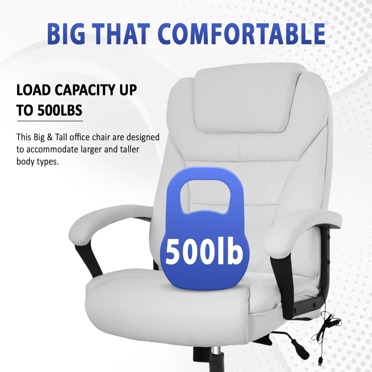 CL.HPAHKL Big and Tall Office Chair 500lbs Wide Seat Ergonomic Computer Desk Chair with Lumbar Support Arms High Back PU Leather Executive Task Swivel Rolling Chair, White