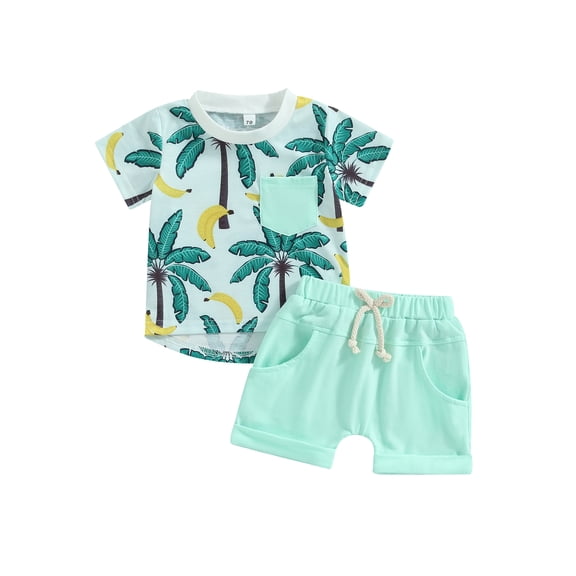 LMLYSoH Infant Boy Summer Clothes Suits Beach Style Tree Print Short Sleeve Crew Neck T-Shirts and Elastic Waist Shorts 2Pcs Set