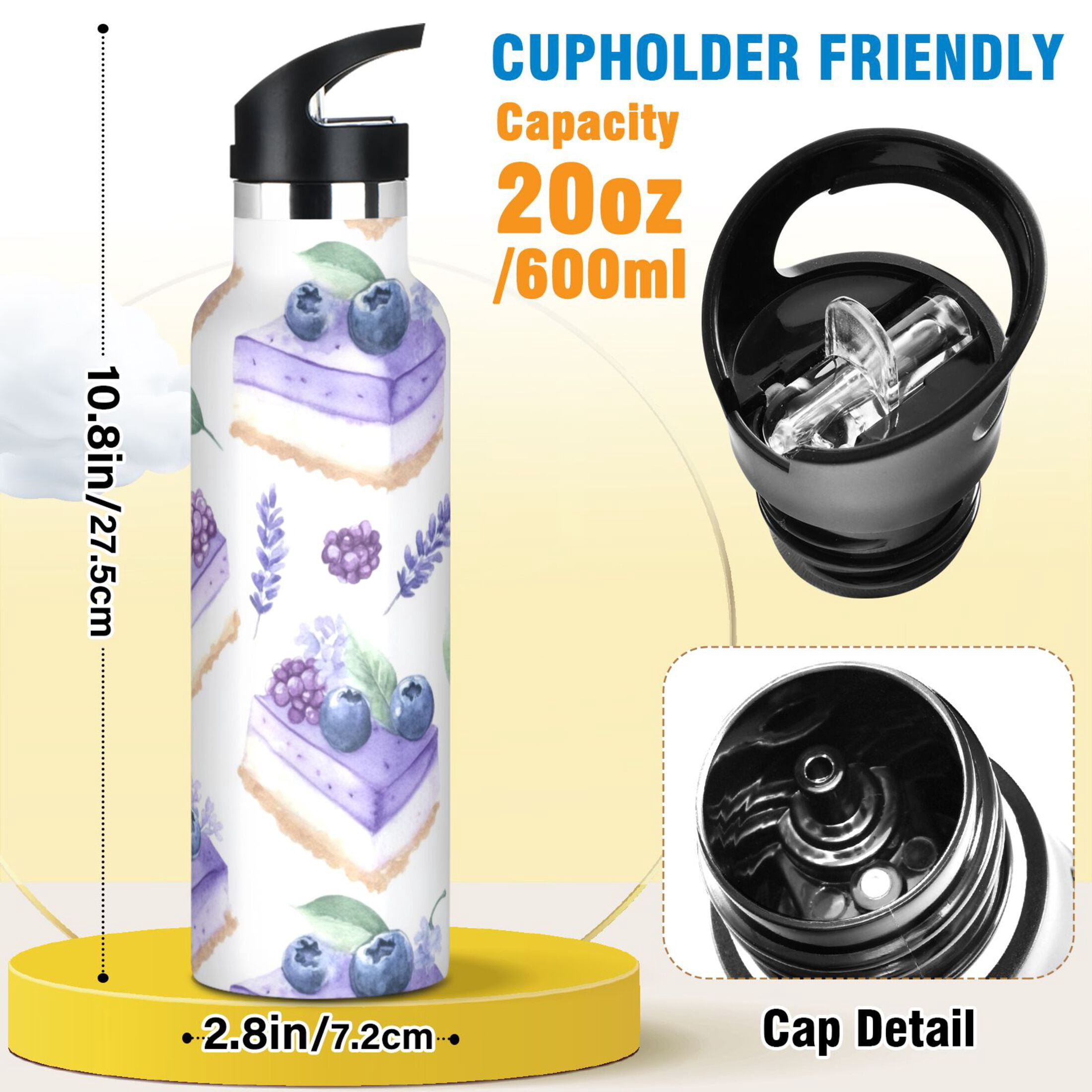 Kids Insulated Stainless Steel Sports Water Bottle 600ml (20oz) Blueberry Cheesecake Pattern