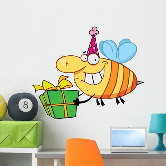 Happy Birthday Bee Wearing Wall Mural by Wallmonkeys Peel and Stick Graphic (36 in W x 30 in H) WM236361
