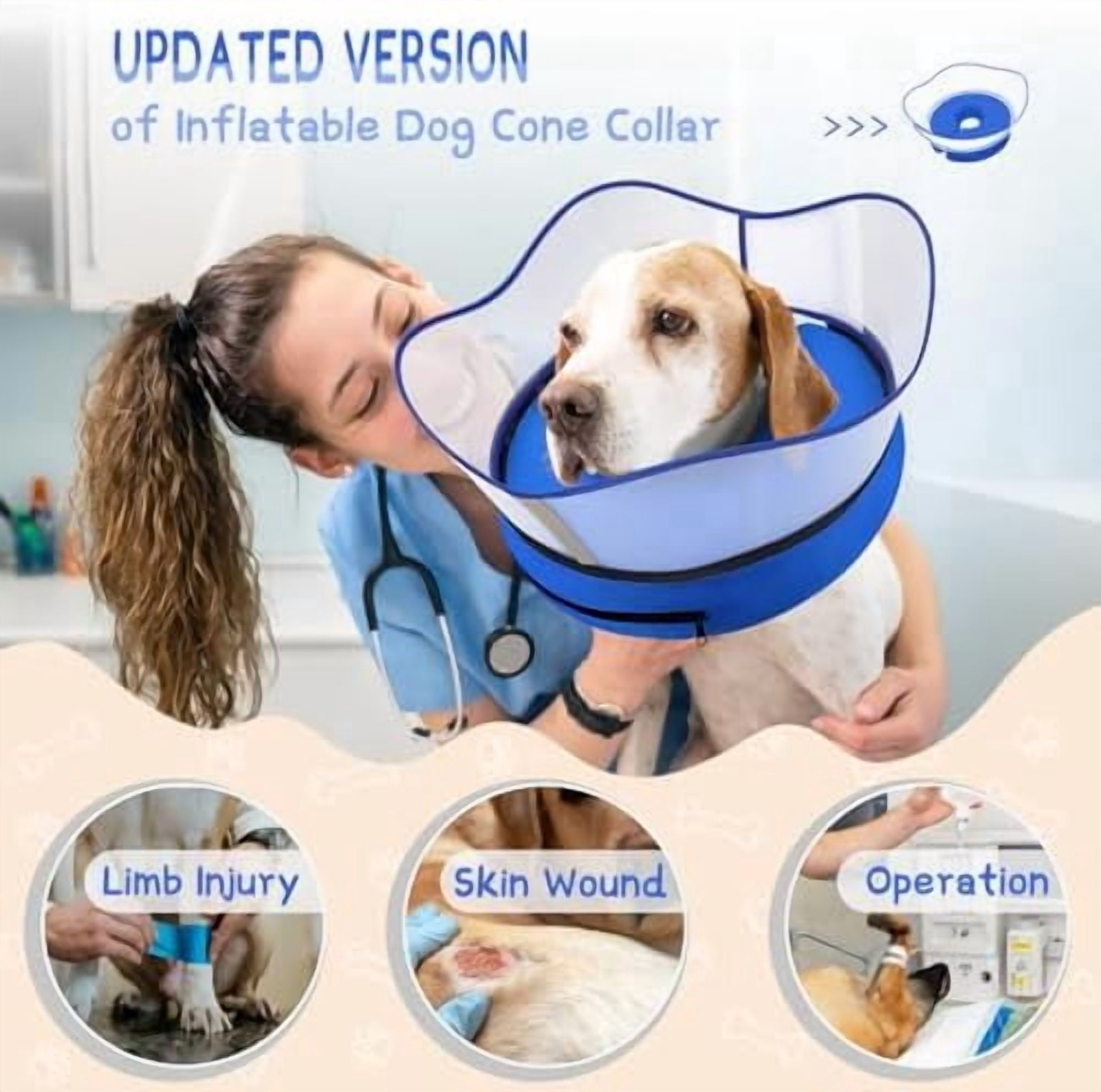 Raised Inflatable Dog Cone Collar to Stop Licking, Soft Dog Cone Alternative After Surgery, Pet Neck Donut Collar for Small Medium Large Dogs Solid Blue,L(Neck 12"-16")