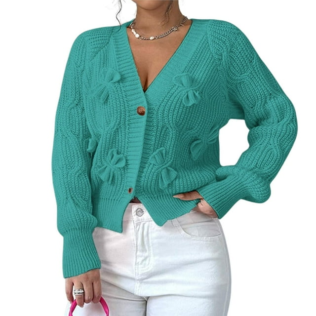 Cárdigan de Punto Grueso con Lazo para Mujer, Abierto Al Frente, , de Larga, con Botones, para Invierno. Verde L