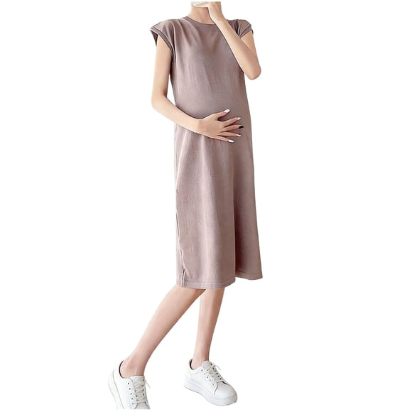 RXMEKW Maternity Dress for Women Solid Color Round Neck Short Sleeve Loose Fit Comfortable Pregnancy Dress for Baby Shower and Nursing