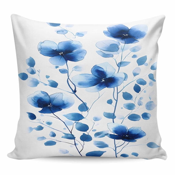 Throw Pillow Covers 20x20 Inch, Seasonal Botanical Blooms Decorative Pillow Cases for Couch Sofa Bed, Blue Floral Watercolor Cotton Linen Square Home Decor Pillowcases with Hidden Zipper