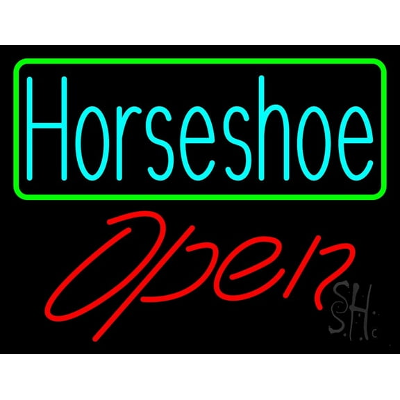 Turquoise Horseshoe Open With Border LED Neon Sign 15 x 19 - inches, Black Square Cut Acrylic Backing, with Dimmer - Bright and Premium built indoor LED Neon Sign for store interior Décor, Storefront.