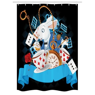 Alice in Wonderland Stall Shower Curtain, Rabbit Motion Cups Hearts and Flower Character Alice Cartoon Style, Fabric Bathroom Set with Hooks, 54W X 78L Inches, Multicolor, by Ambesonne