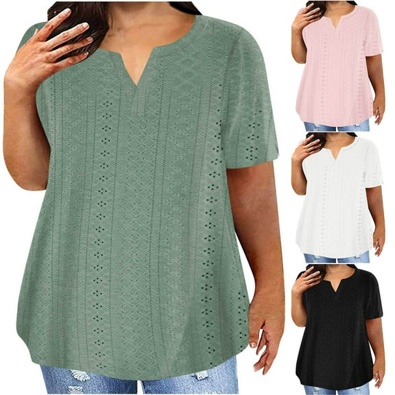 WIZUTIZ Plus Size Tops for Women Loose Short Sleeve Tshirt Oversized Solid Casual Blouse V-Neck Crochet Breathable Work out Tops Retro Tshirts Going out T-Shirt up to 65% Off Black XL