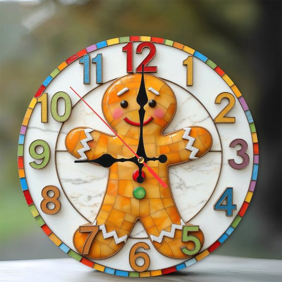 Gingerbread Man Mosaic Wall Clock Home Decoration 10-Inch Silent Wooden Wall Clock, Battery Operated (AA Batteries Not Included), Artistic Home Decor