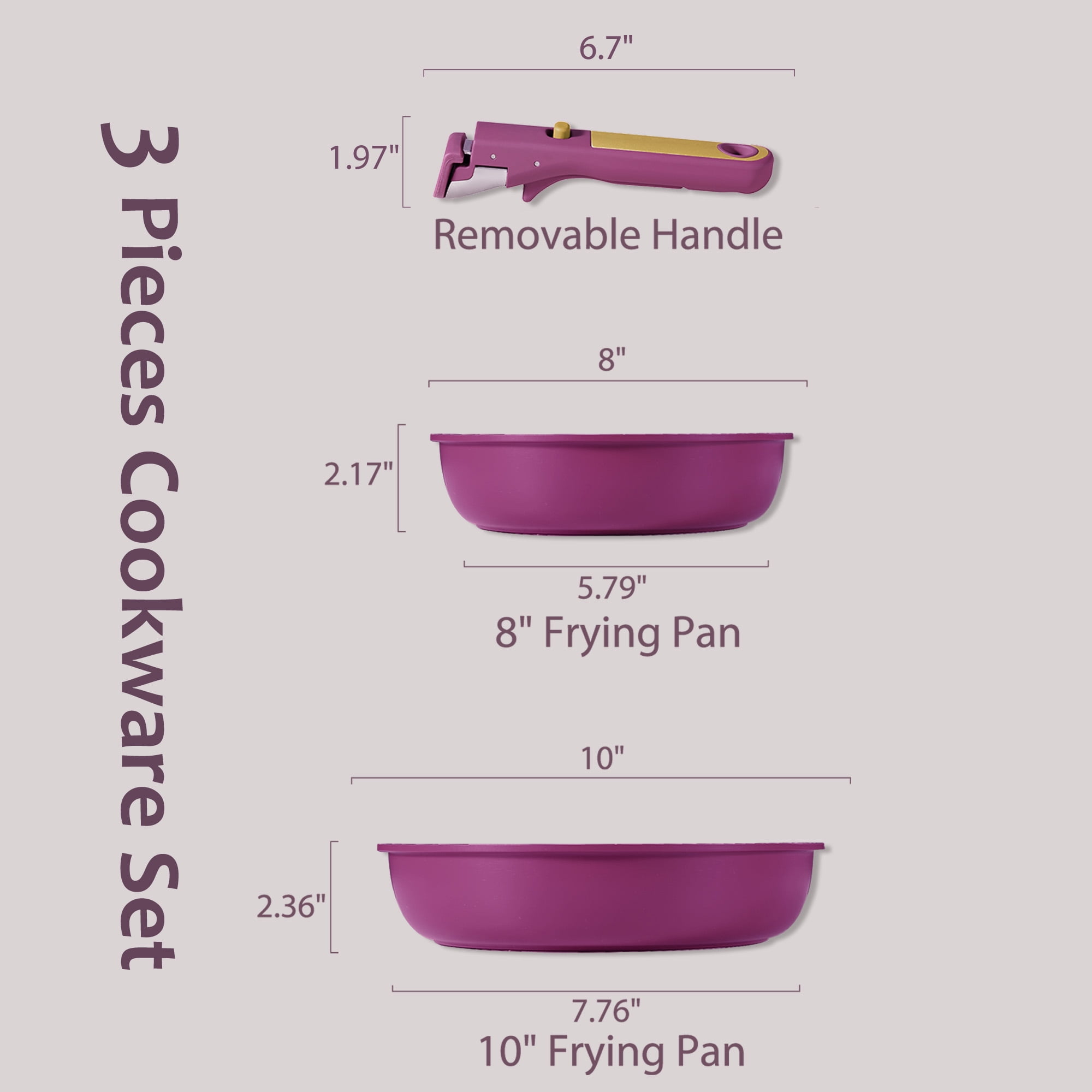 Carote Ceramic Nonstick Detachable Pots and Pans Set, 3 Pieces Non Toxic Cookware Set with Induction, Oven/Dishwasher Safe, Easy for Storage, Magenta Purple