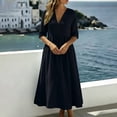 thumbnail image 6 of Ohufall Cotton Linen Dress for Women Hollow Out Pleated Dresses V Neck Half Sleeve Vacation Beach Maxi Dress, 6 of 8