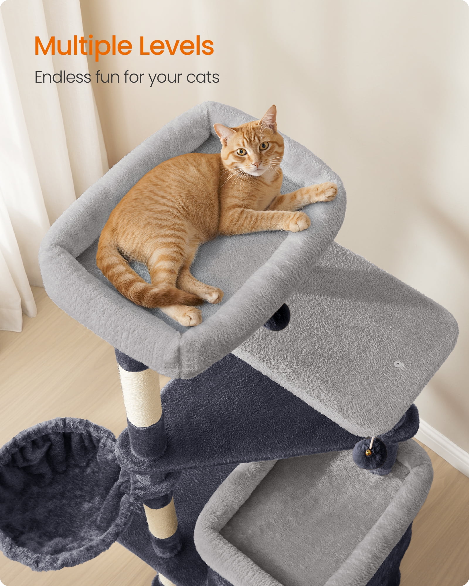 Tall Cat Tree, Multiple-Level Cat Tower with 2 Caves, 3 Scratching Posts, Dark Gray