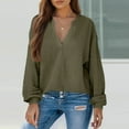 thumbnail image 3 of WTOBBY Women's Long Sleeve V-Neck Casual Knit Top - Solid Color Waffle Texture Everyday Wear Spring Fall Fashion Tunic Blouse for Women, Stylish Comfort Stretch Fabric,Army Green L, 3 of 6