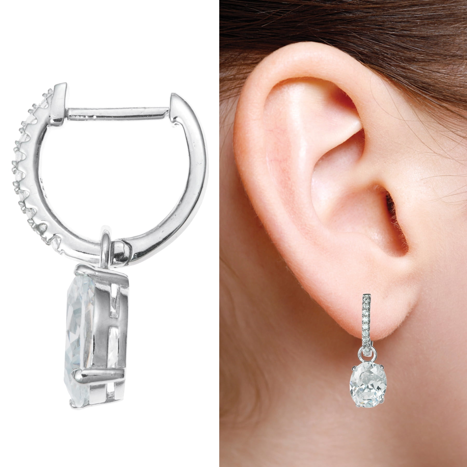 Rhodium-plated Sterling Silver Oval Clear Cubic Zirconia Charm Hoop Huggie Dangle Earrings