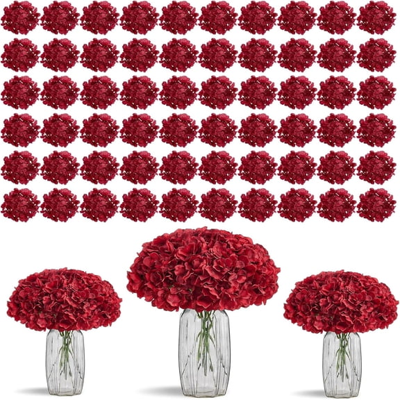 80pcs Burgundy Hydrangea Artificial Flowers Silk Heads with Stems for DIY Wedding Centerpiece Baby Shower Home Party Decor