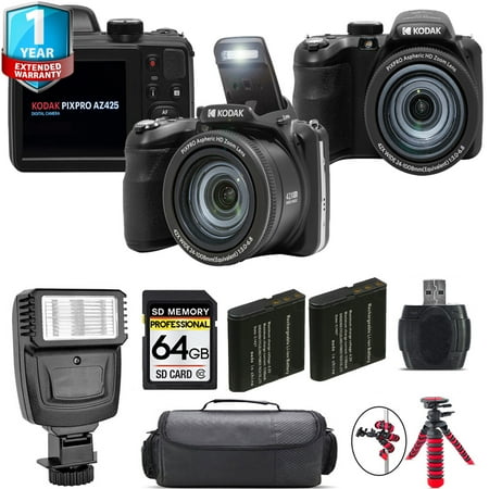 Kodak PIXPRO AZ425 Digital Camera (Black) + 1 Yr Warranty + Flash - 64GB Kit