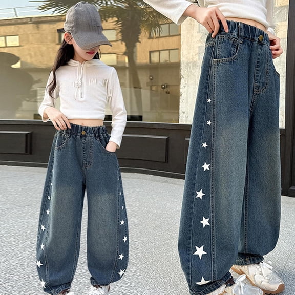 Yourumao Barrel Jeans for Girls 5-15 Year Elastic Waist Wide Leg Jeans Star Printed Baggy Denim Pants Cute Holidays Jeans with Pocket
