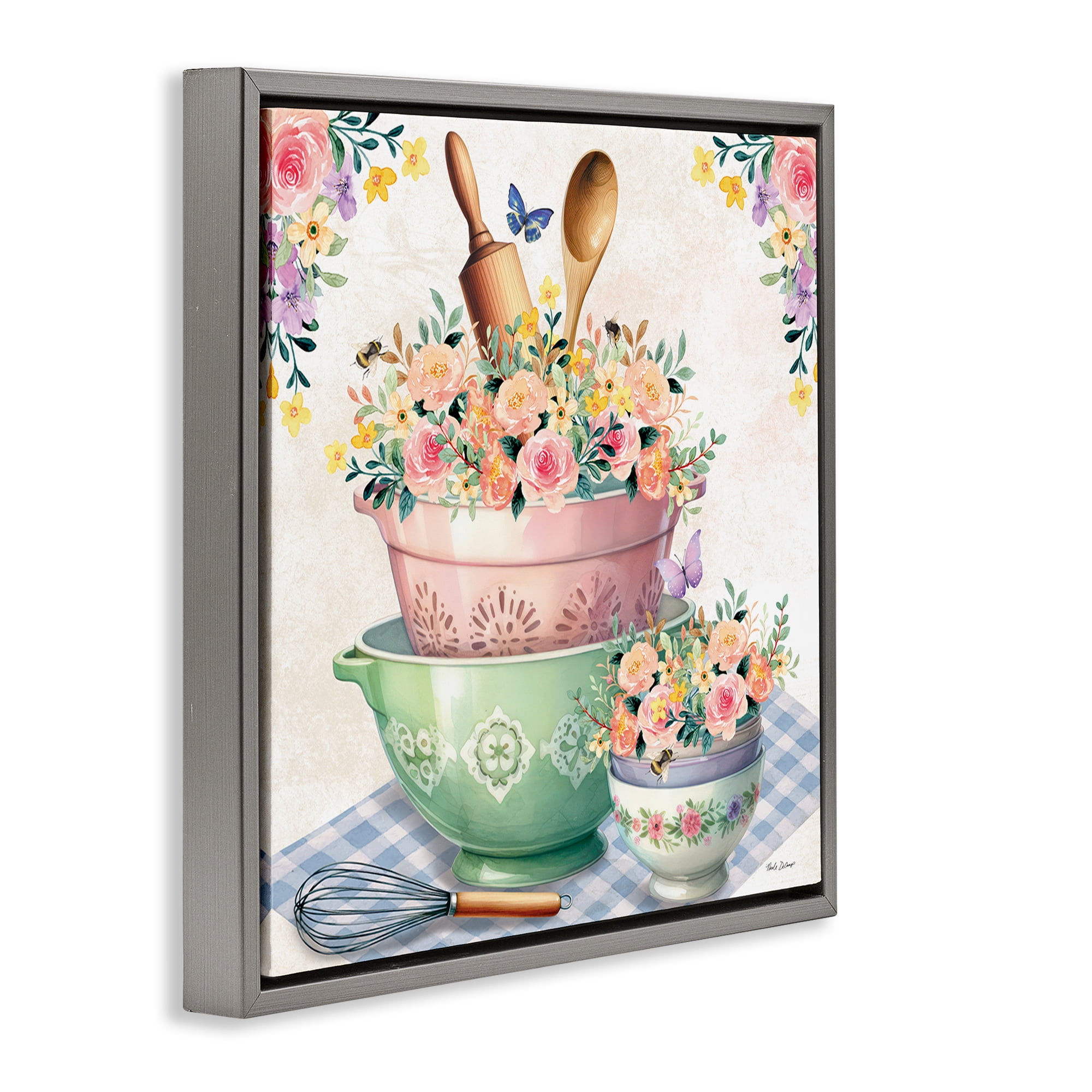 Stupell Industries Floral Kitchen Bowls Stack Food & Beverage Painting Gray Floater Framed Canvas Art Print Wall Art, 18 x 18