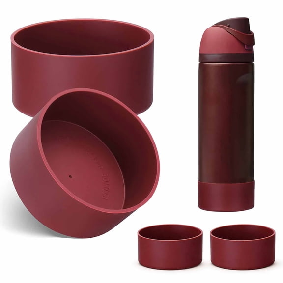 4 Pack Silicone Boot for 32 oz Water Bottle, Protective Anti-Slip Base Bumper, Fits Most Stainless Steel Tumblers, Black Cherry