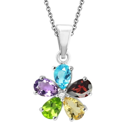 Multi Gemstone Circle Pendant - Sterling Silver with Natural Multi Gemstone Flower Pendant with 18 Inch Chain