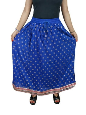 Mogul Women Maxi Skirt Blue Boho Chic Gypsy A-Line Flare Rayon Long Skirts