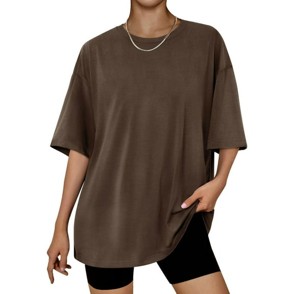 Tdoqot Womens Oversized T Shirts- Soft Cotton Casual Trendy Short Sleeve Crewneck Summer Tops Tees Brown Size S-2XL