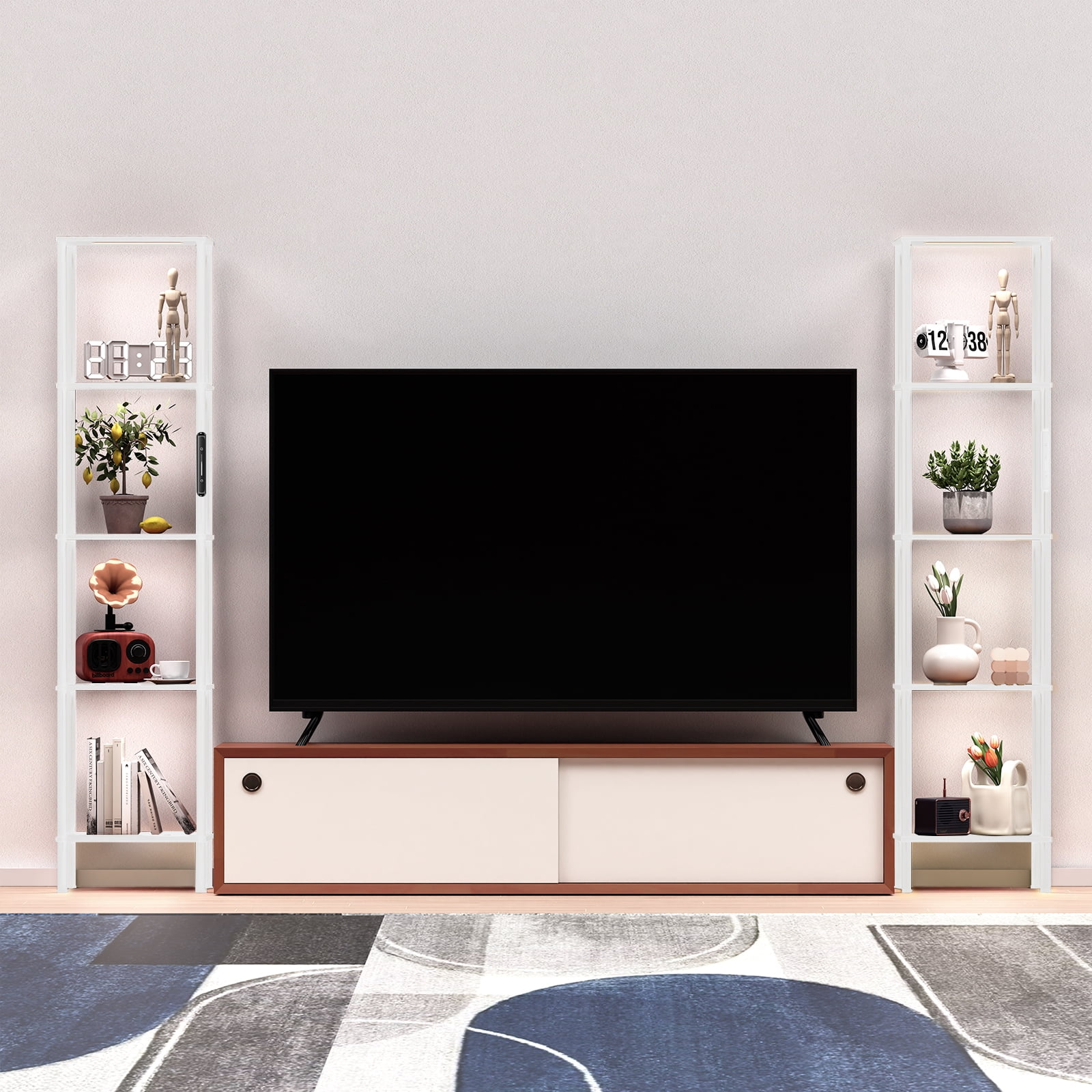 OUTONLIFE Display Shelf with LED Light Strip, 5-Tier Bookshelf, 66.5" Display Standing Shelf Units for Bedroom, Bathroom, Living Room, Kitchen, White
