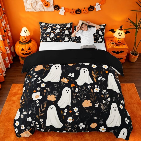 Homewish Halloween Floral Ghost Bedding,Wild Autumn Flower Pattern Duvet Cover Full,Black Cream Orange,Black Reversible,3-Piece,1 Duvet Cover and 2 Pillowcases
