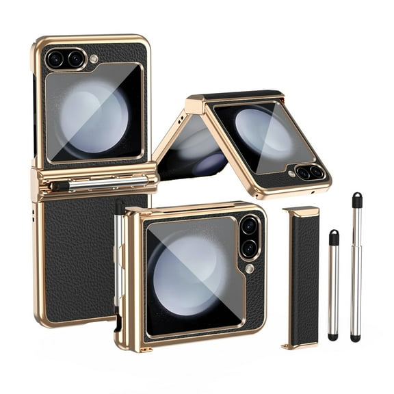 Luxury Double Hinge Protection Case Compatible with Samsung Galaxy Z Flip 5 5G with S Pen & Holder, Full Body Protective PU Leather Plating PC Cover for Samsung Galaxy Z Flip 5, Gold Black