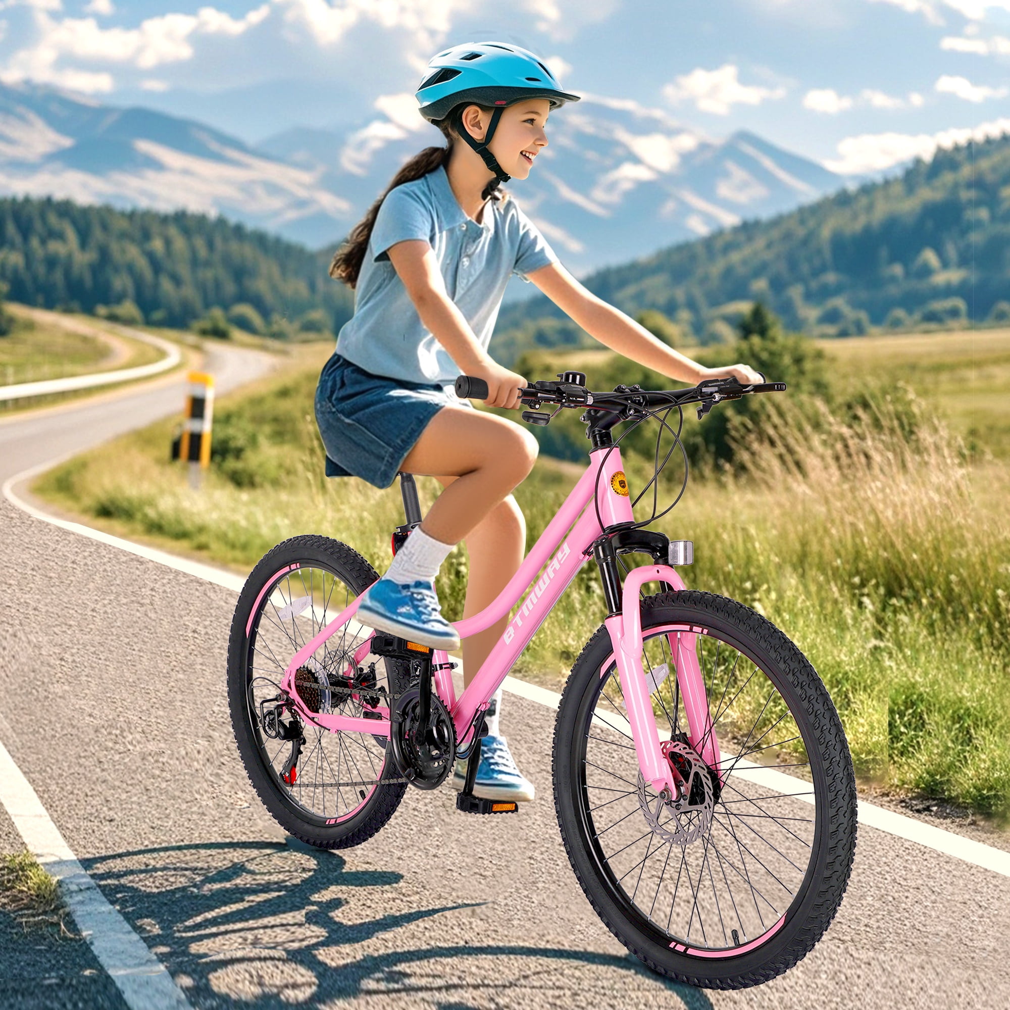 iYofe 24 inch Kids Mountain Bikes, 21 Speed Kids Bicycles with Dual Disc Brake, Mountain Bike w/Front Spring Shock/Adjustable Seat Height, Kids Bike for Girls Teens Ages 9-14 Years Old, Pink