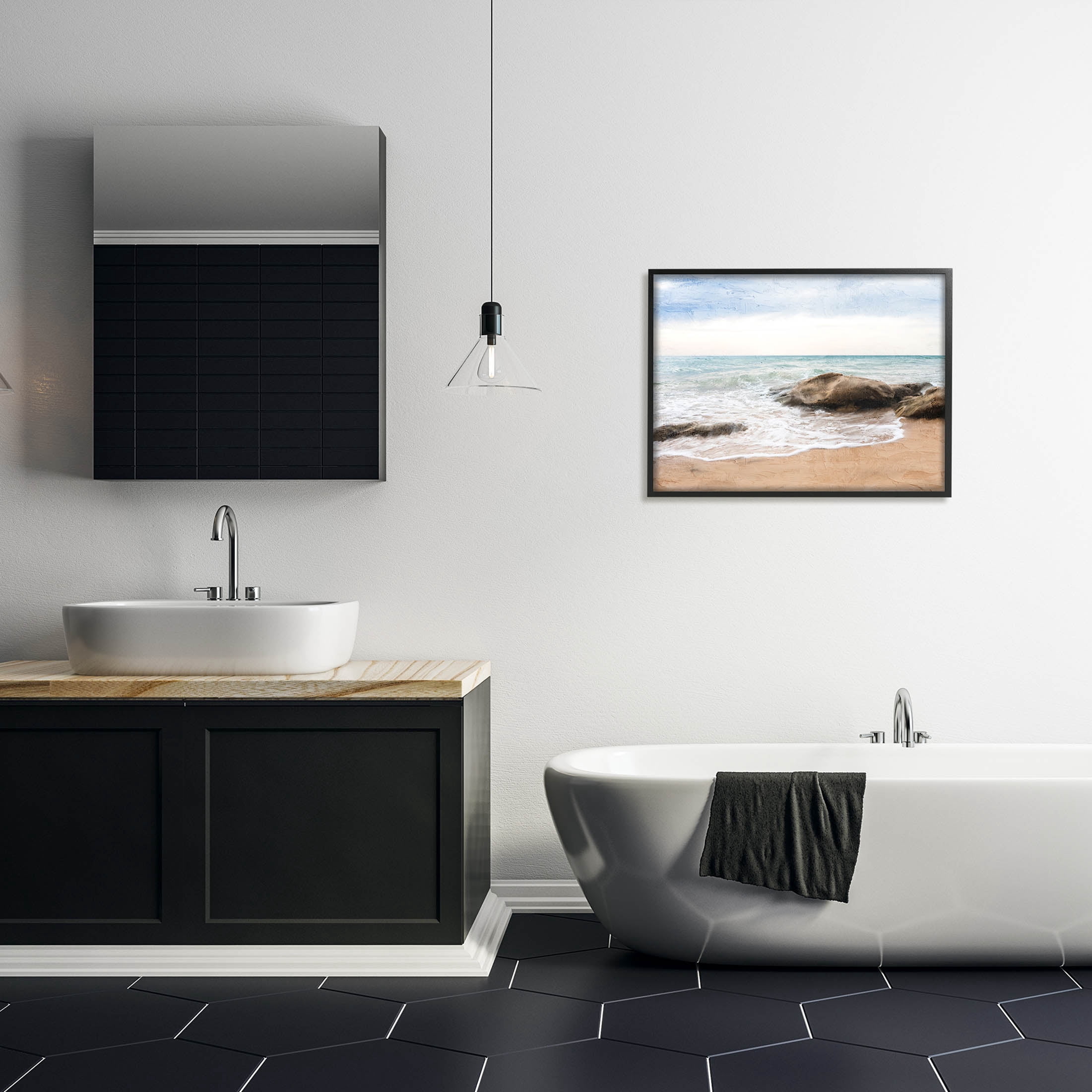 Stupell Industries Rocky Crashing Beach Waves Graphic Art Black Framed Art Print Wall Art, Design by Ann Bailey