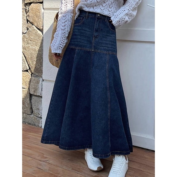High Waist Flared A-Line Long Skirt with Pockets and Paneled Design for Women