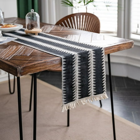 

Zhuge table flag cotton linen striped two-color splicing woven tassel natural material table flag desktop decoration (black 220 * 30cm)