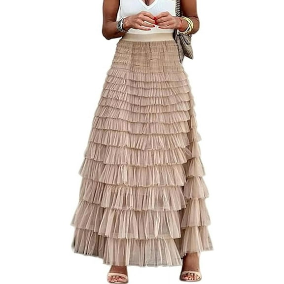 Women's Tulle Midi Skirt Elastic High Waist A-Line Ruffle Tiered Layered Mesh Puffy Long Maxi Skirt